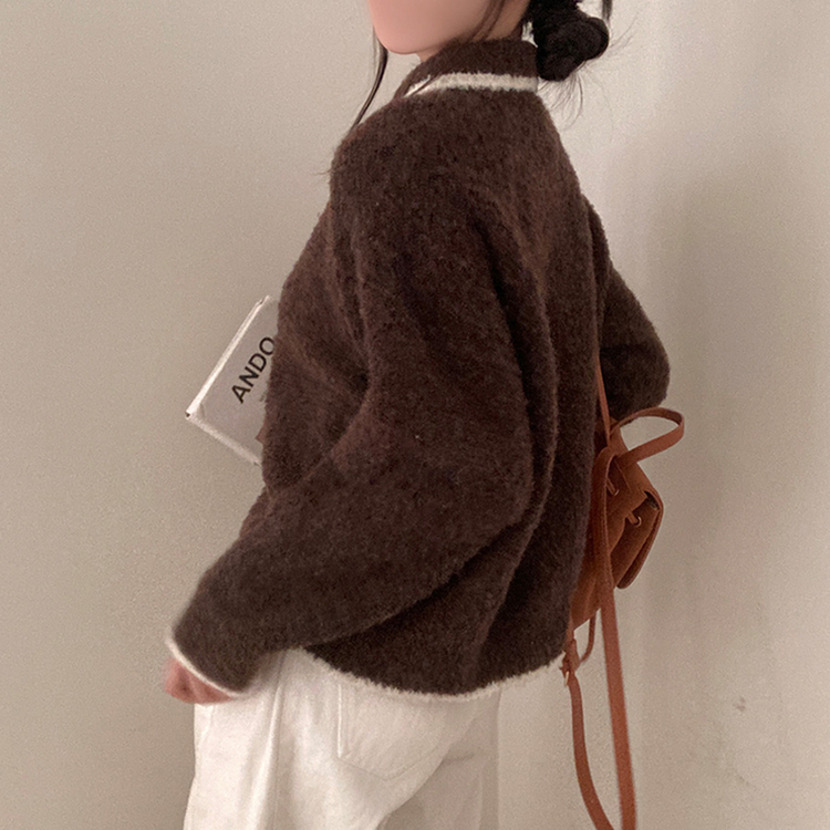 토리 부클 보카시 배색 카라 니트 가디건 브라운