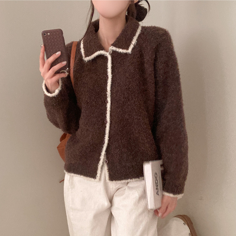 토리 부클 보카시 배색 카라 니트 가디건 브라운