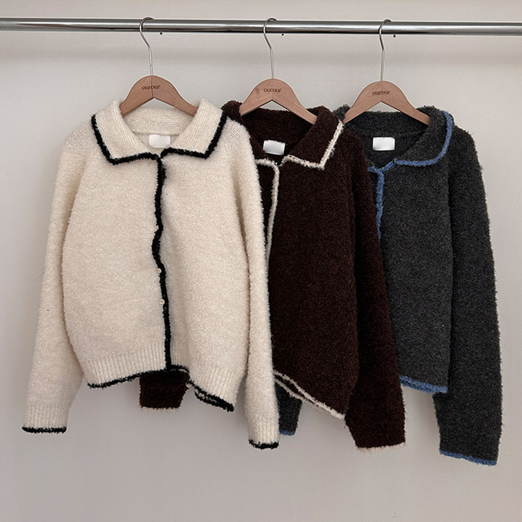 토리 부클 보카시 배색 카라 니트 가디건