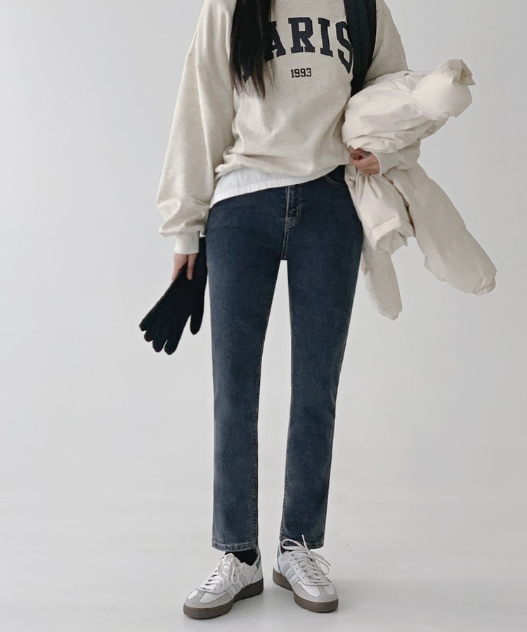 【起毛】スパンスリムストレートデニムパンツ