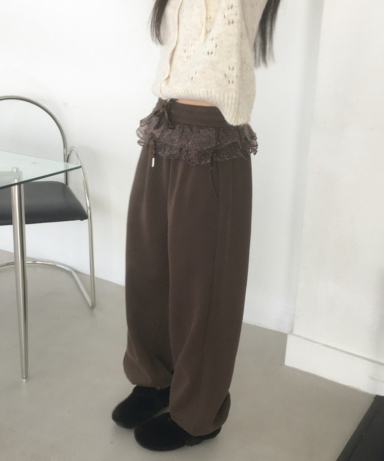 ヒョウ柄シフォンレイヤードティアードジョガーパンツ BROWN