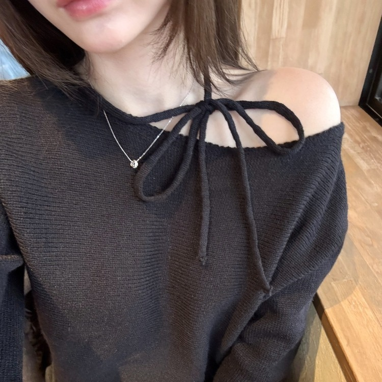 ショルダーリボンニット BLACK