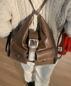 バッグ バックルレザーショルダーバッグ BROWN