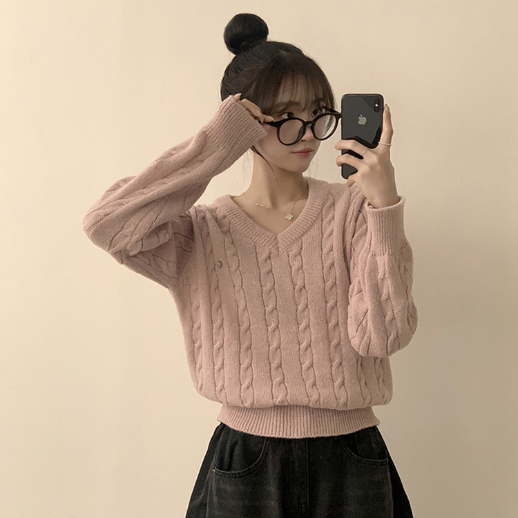 자신있는 추천템 러블리모먼트 브이넥 겨울 긴팔 꽈배기 펜던트 오버핏 니트 루즈핏 상의 6color 핑크