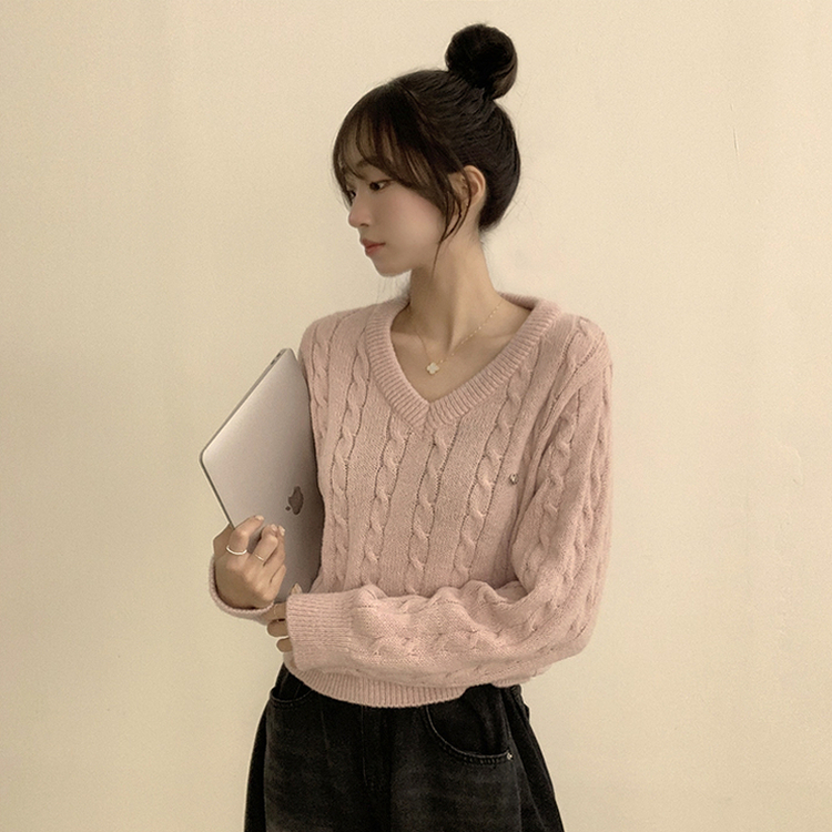 자신있는 추천템 러블리모먼트 브이넥 겨울 긴팔 꽈배기 펜던트 오버핏 니트 루즈핏 상의 6color 핑크