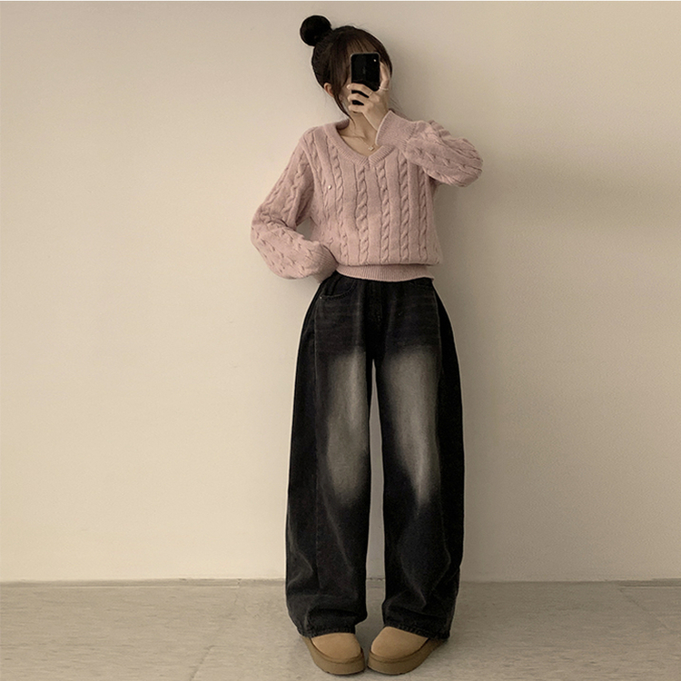 자신있는 추천템 러블리모먼트 브이넥 겨울 긴팔 꽈배기 펜던트 오버핏 니트 루즈핏 상의 6color 핑크