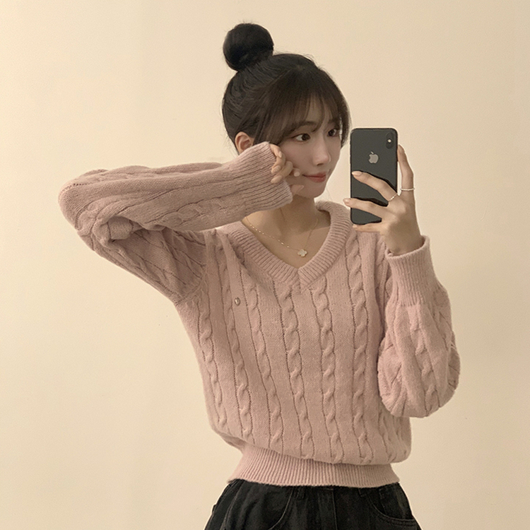자신있는 추천템 러블리모먼트 브이넥 겨울 긴팔 꽈배기 펜던트 오버핏 니트 루즈핏 상의 6color 핑크