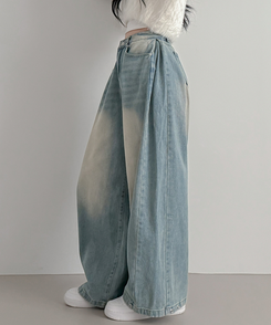 スチームウォッシングデニムワイドパンツ LIGHT DENIM