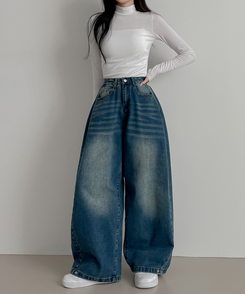 スチームウォッシングデニムワイドパンツ DARK DENIM