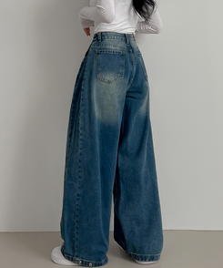 スチームウォッシングデニムワイドパンツ DARK DENIM