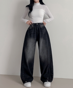 スチームウォッシングデニムワイドパンツ BLACK