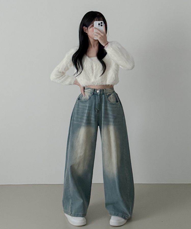 スチームウォッシングデニムワイドパンツ LIGHT DENIM