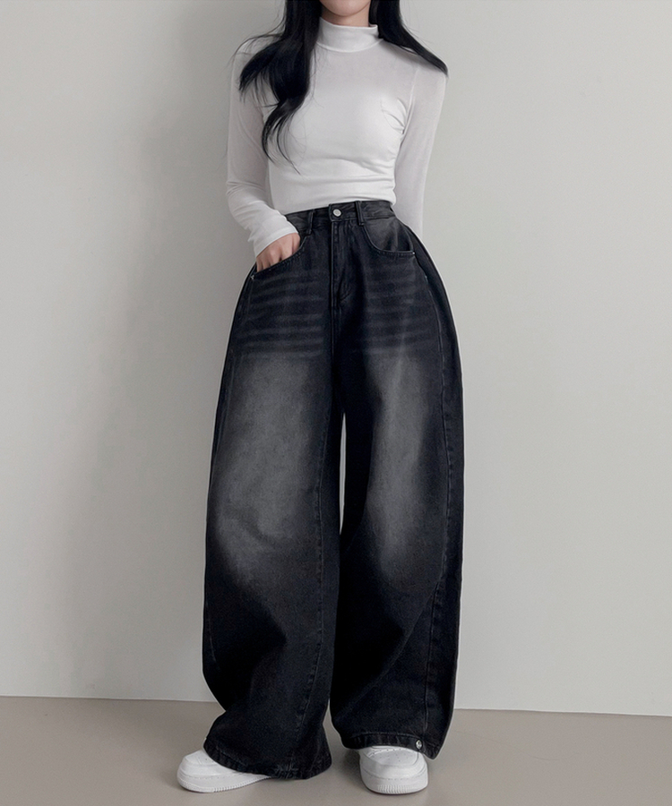 スチームウォッシングデニムワイドパンツ BLACK