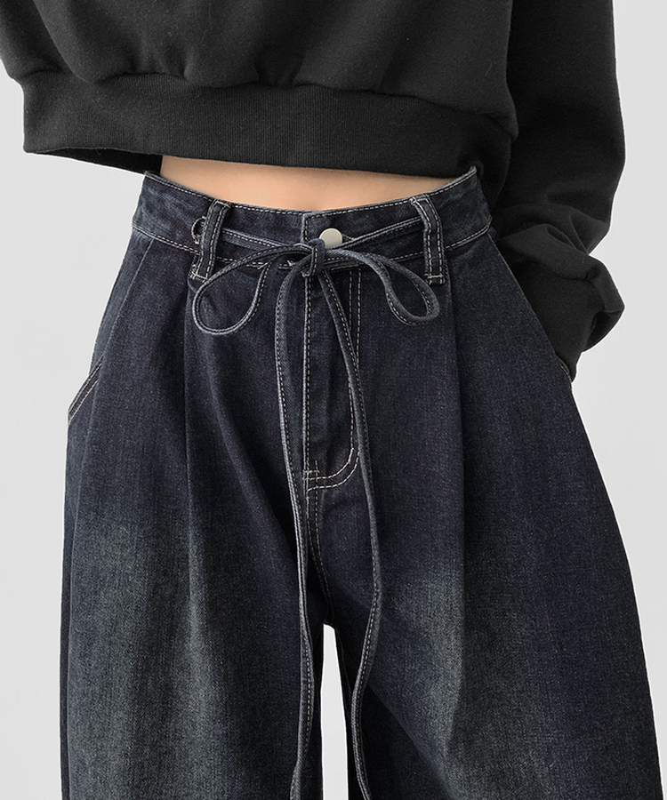 빅 투핀턱 허리 조절 워싱 맥시 와이드핏 밑단스냅 데님팬츠 진청