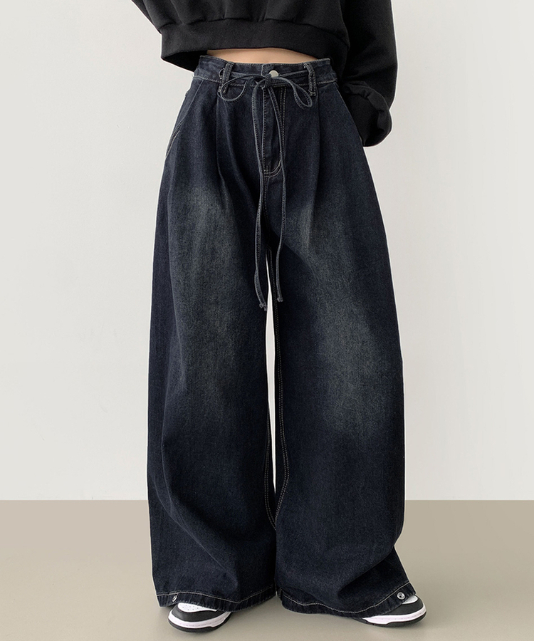 빅 투핀턱 허리 조절 워싱 맥시 와이드핏 밑단스냅 데님팬츠 진청