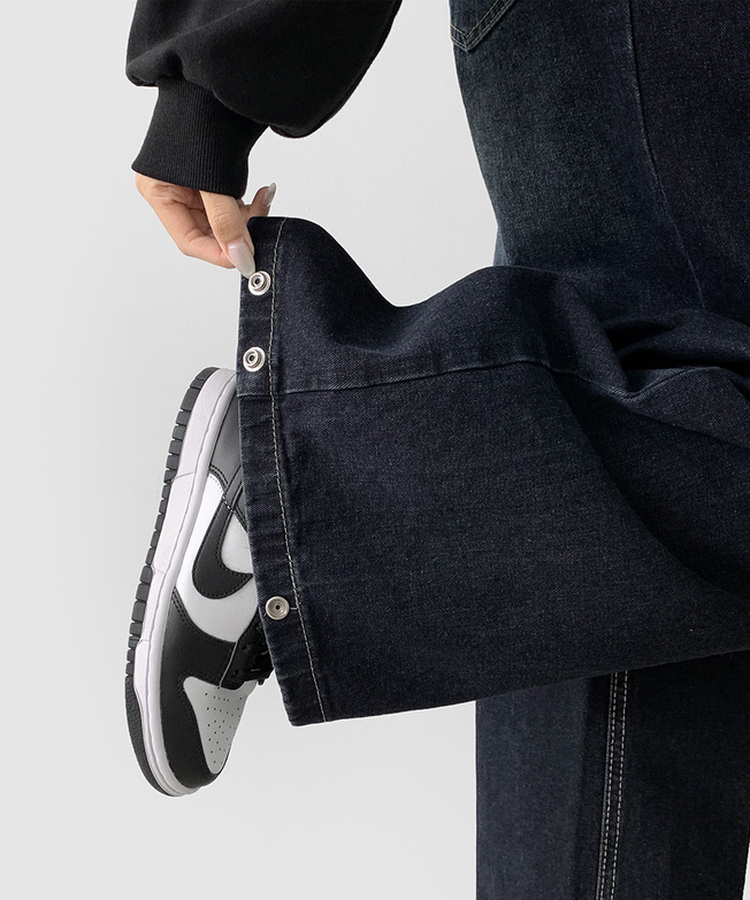 빅 투핀턱 허리 조절 워싱 맥시 와이드핏 밑단스냅 데님팬츠 진청