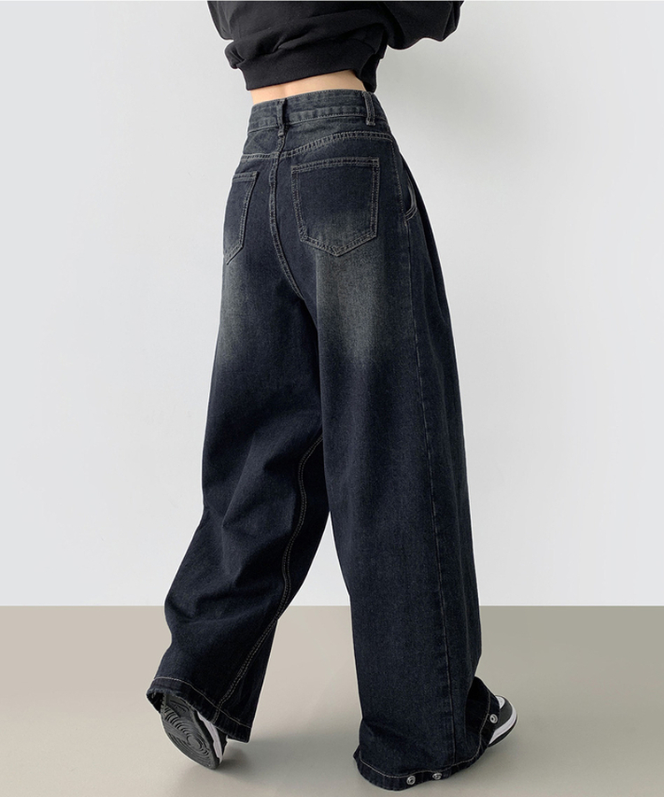 빅 투핀턱 허리 조절 워싱 맥시 와이드핏 밑단스냅 데님팬츠 진청