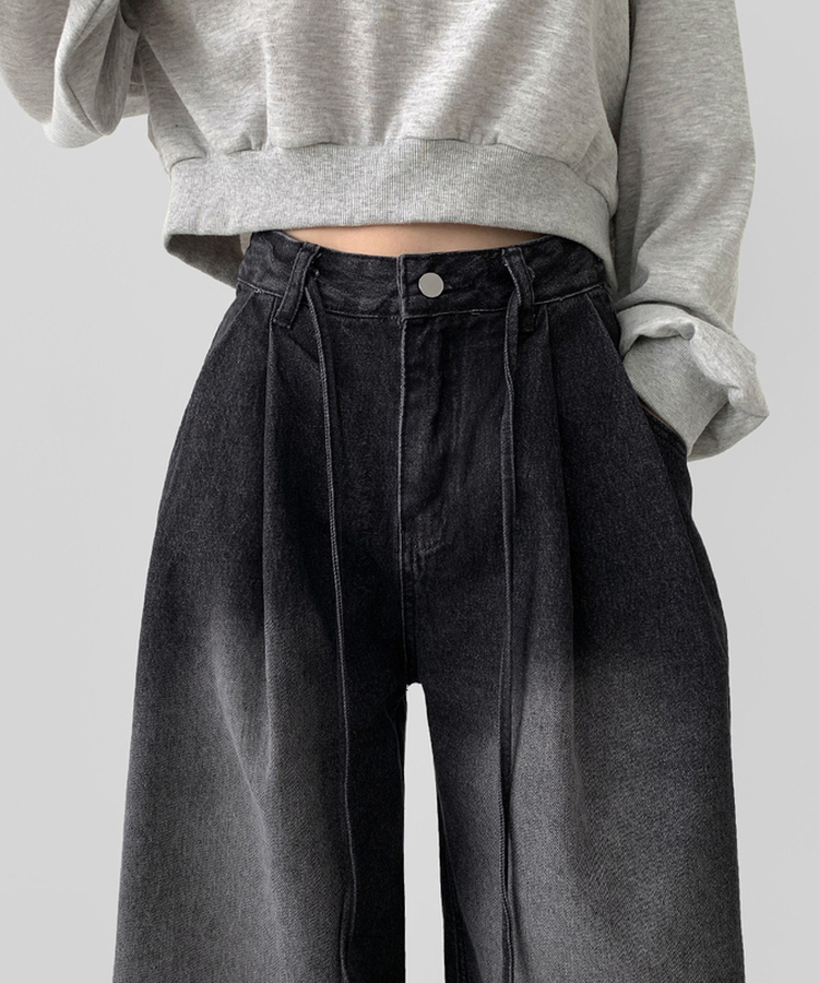 빅 투핀턱 허리 조절 워싱 맥시 와이드핏 밑단스냅 데님팬츠 블랙