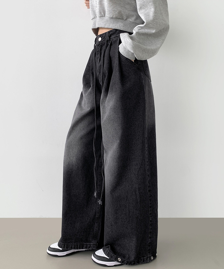 빅 투핀턱 허리 조절 워싱 맥시 와이드핏 밑단스냅 데님팬츠 블랙