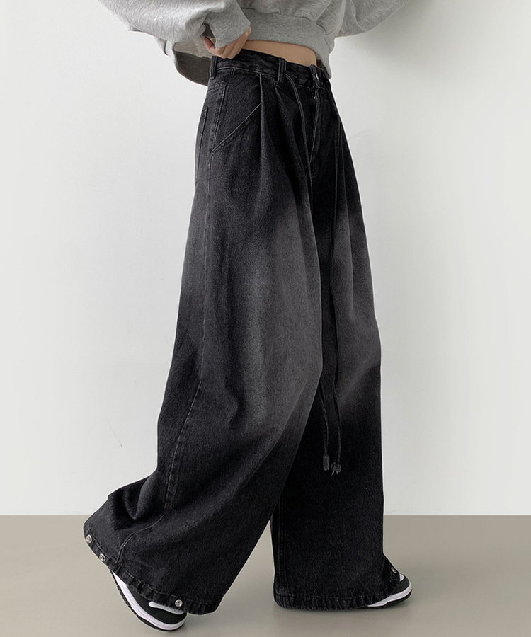 빅 투핀턱 허리 조절 워싱 맥시 와이드핏 밑단스냅 데님팬츠 블랙