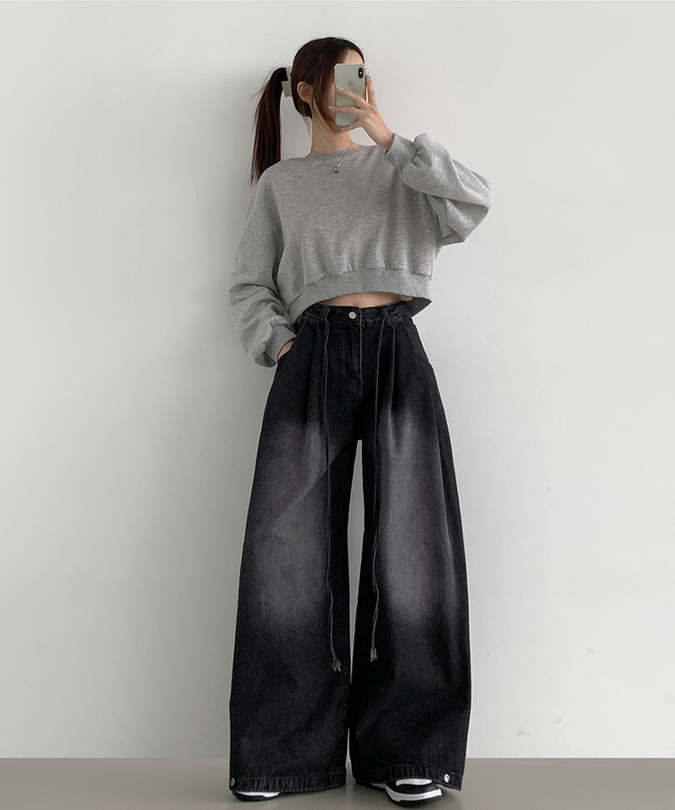 빅 투핀턱 허리 조절 워싱 맥시 와이드핏 밑단스냅 데님팬츠 블랙