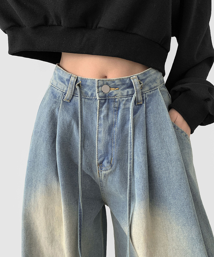 빅 투핀턱 허리 조절 워싱 맥시 와이드핏 밑단스냅 데님팬츠 연청