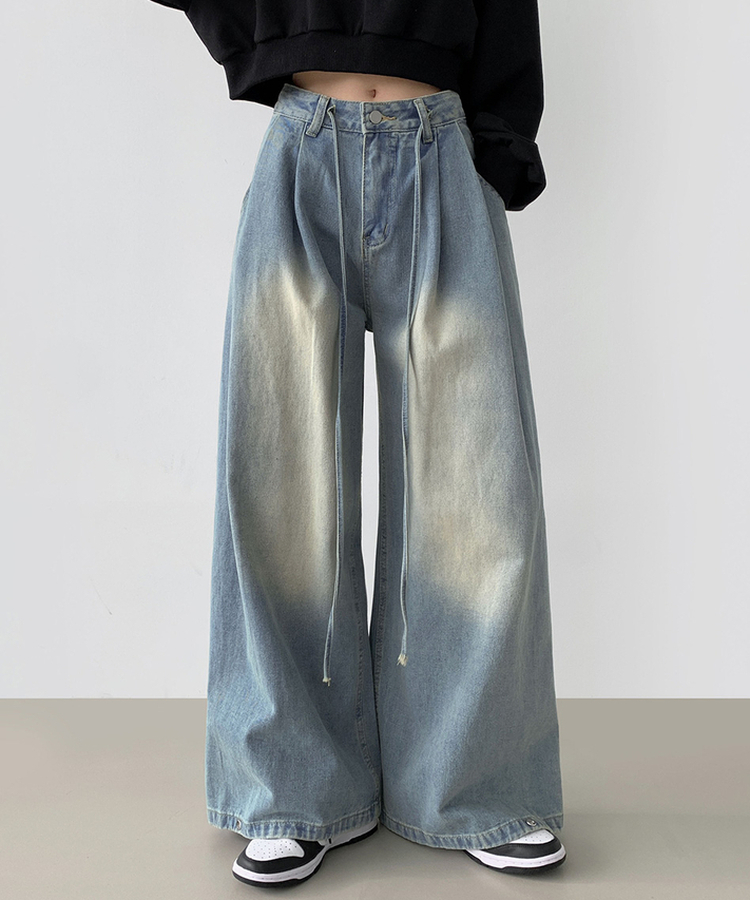 빅 투핀턱 허리 조절 워싱 맥시 와이드핏 밑단스냅 데님팬츠 연청