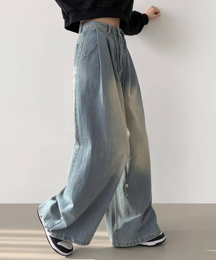 빅 투핀턱 허리 조절 워싱 맥시 와이드핏 밑단스냅 데님팬츠 연청