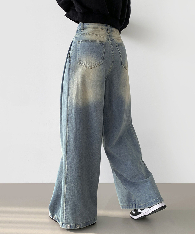 빅 투핀턱 허리 조절 워싱 맥시 와이드핏 밑단스냅 데님팬츠 연청