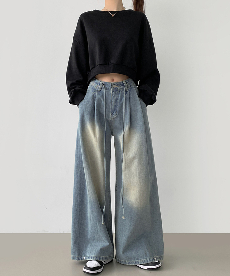 빅 투핀턱 허리 조절 워싱 맥시 와이드핏 밑단스냅 데님팬츠 연청