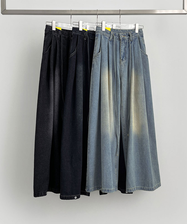 빅 투핀턱 허리 조절 워싱 맥시 와이드핏 밑단스냅 데님팬츠