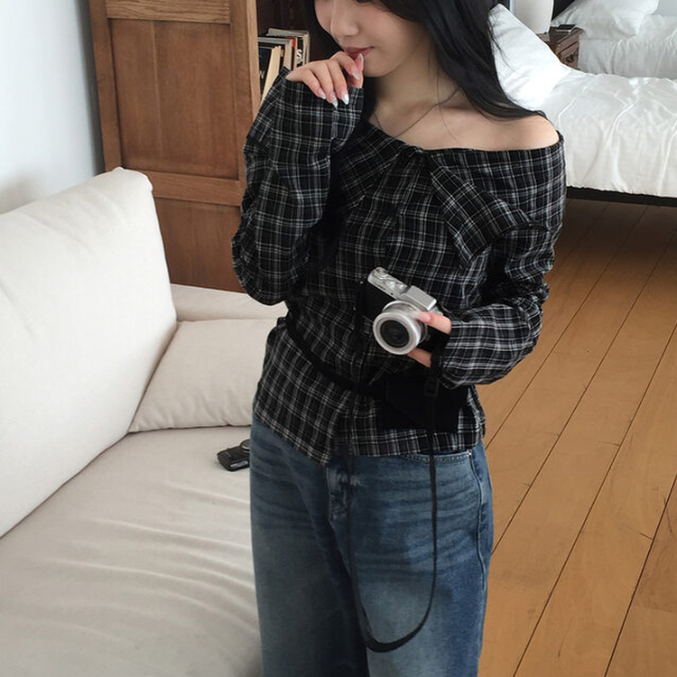d.i.a. オフショルダー チェックトップス チェック柄オフショルダーリボンショート丈トップス[at2072