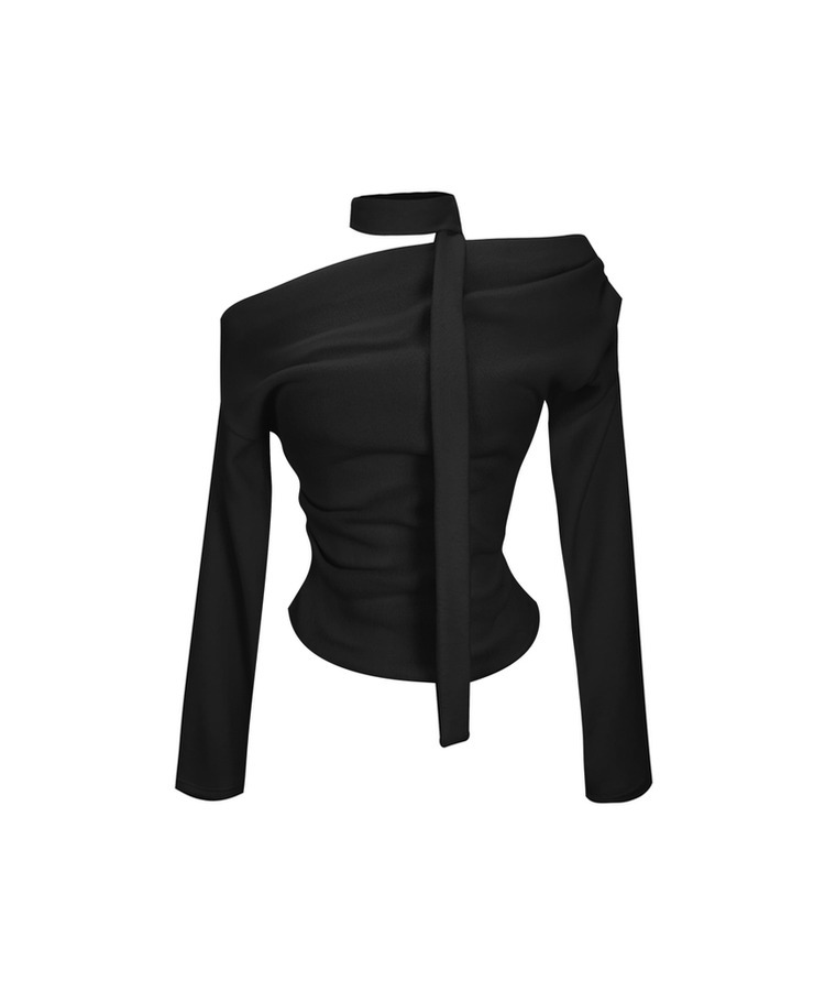 【タイ付き】ボートネックオフショルダードレープTシャツ