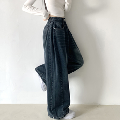 サイドピンタックハイウエストローワイドデニムパンツ GREY