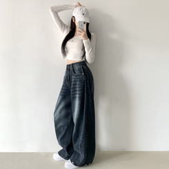 サイドピンタックハイウエストローワイドデニムパンツ GREY