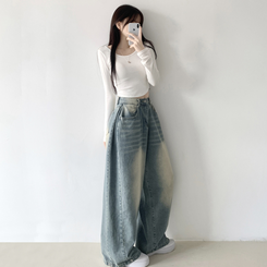 サイドピンタックハイウエストローワイドデニムパンツ LIGHT BLUE