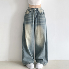 サイドピンタックハイウエストローワイドデニムパンツ LIGHT BLUE