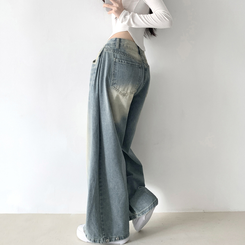 サイドピンタックハイウエストローワイドデニムパンツ LIGHT BLUE