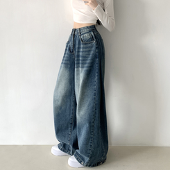 サイドピンタックハイウエストローワイドデニムパンツ DARK DENIM