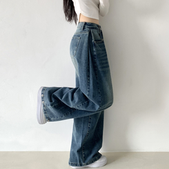 サイドピンタックハイウエストローワイドデニムパンツ DARK DENIM