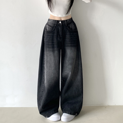 サイドピンタックハイウエストローワイドデニムパンツ BLACK