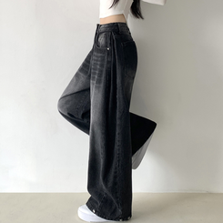 サイドピンタックハイウエストローワイドデニムパンツ BLACK