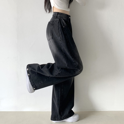 サイドピンタックハイウエストローワイドデニムパンツ BLACK