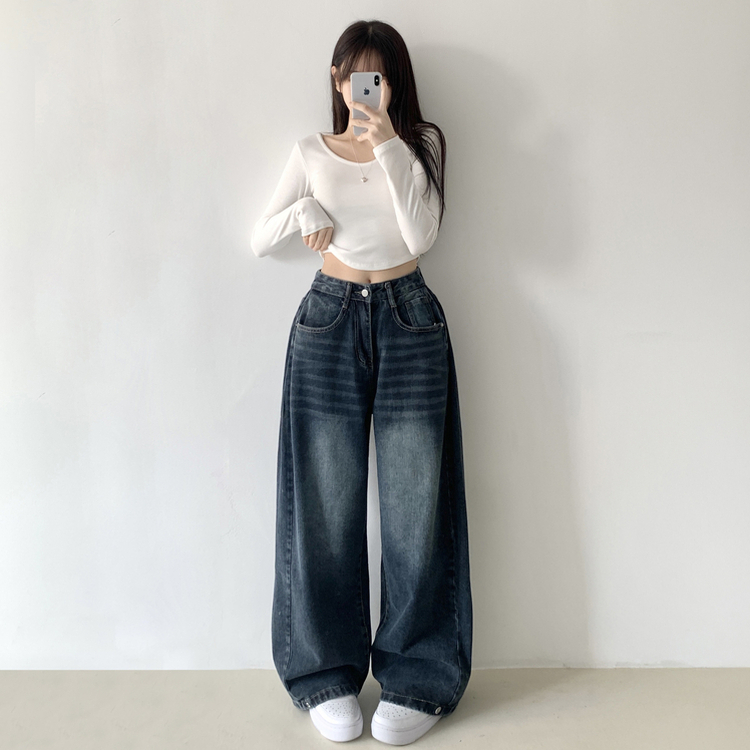 サイドピンタックハイウエストローワイドデニムパンツ GREY