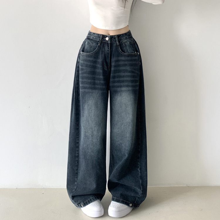 サイドピンタックハイウエストローワイドデニムパンツ GREY