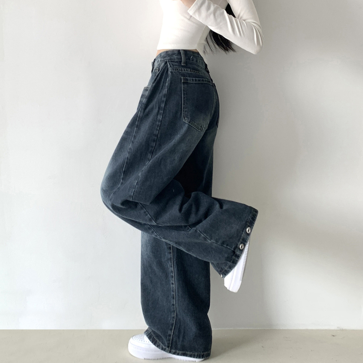 サイドピンタックハイウエストローワイドデニムパンツ GREY