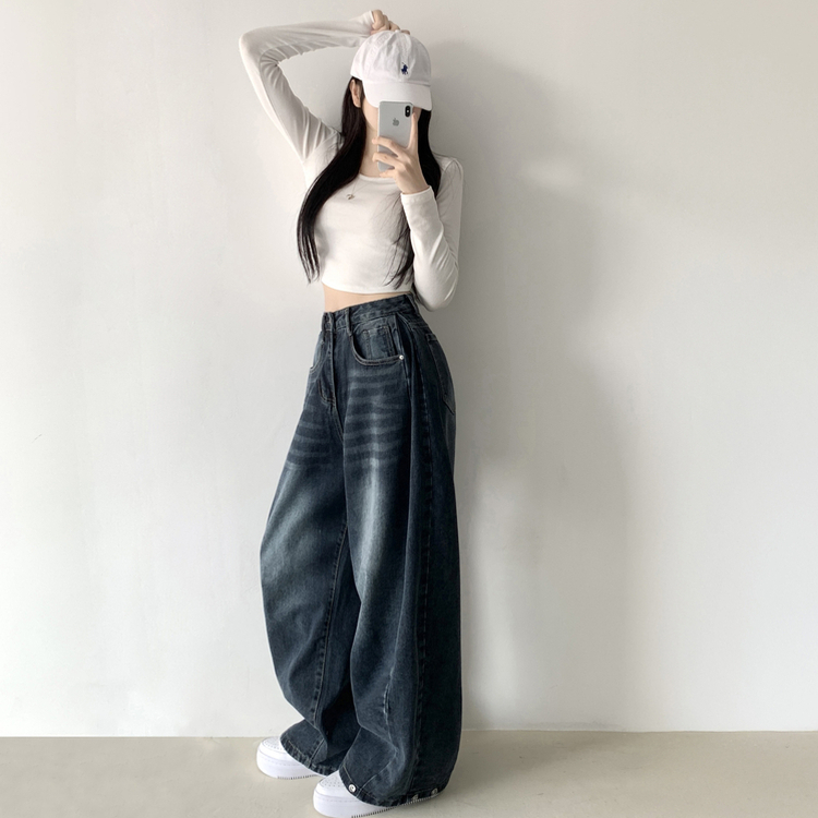 サイドピンタックハイウエストローワイドデニムパンツ GREY