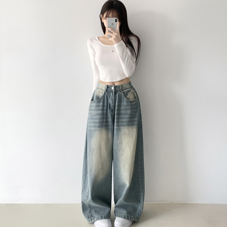 サイドピンタックハイウエストローワイドデニムパンツ LIGHT BLUE