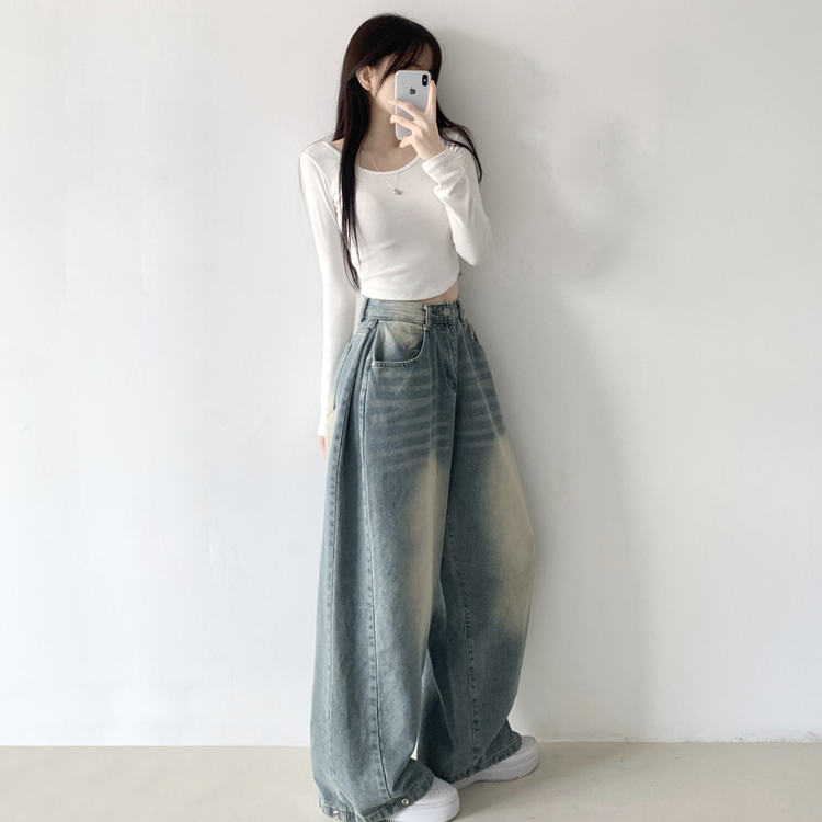 サイドピンタックハイウエストローワイドデニムパンツ LIGHT BLUE