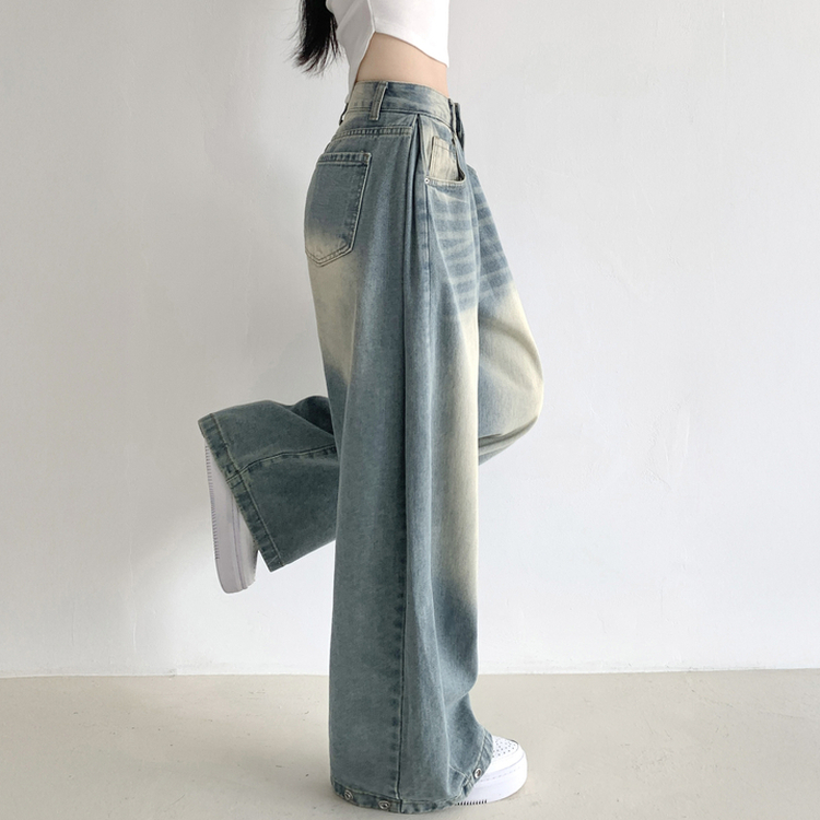 サイドピンタックハイウエストローワイドデニムパンツ LIGHT BLUE